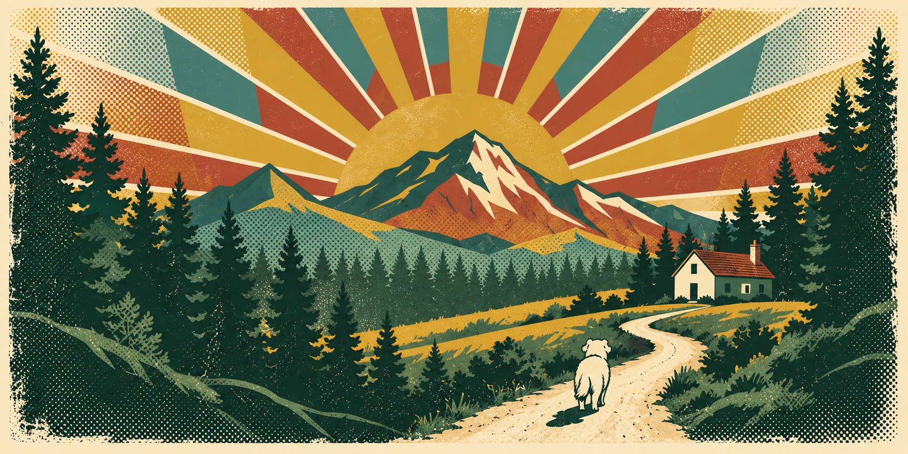 A vintage park illustration: a small white dog follows a winding path toward a country house beneath mountain silhouettes and a sunburst printed in ochre, rust, and teal.